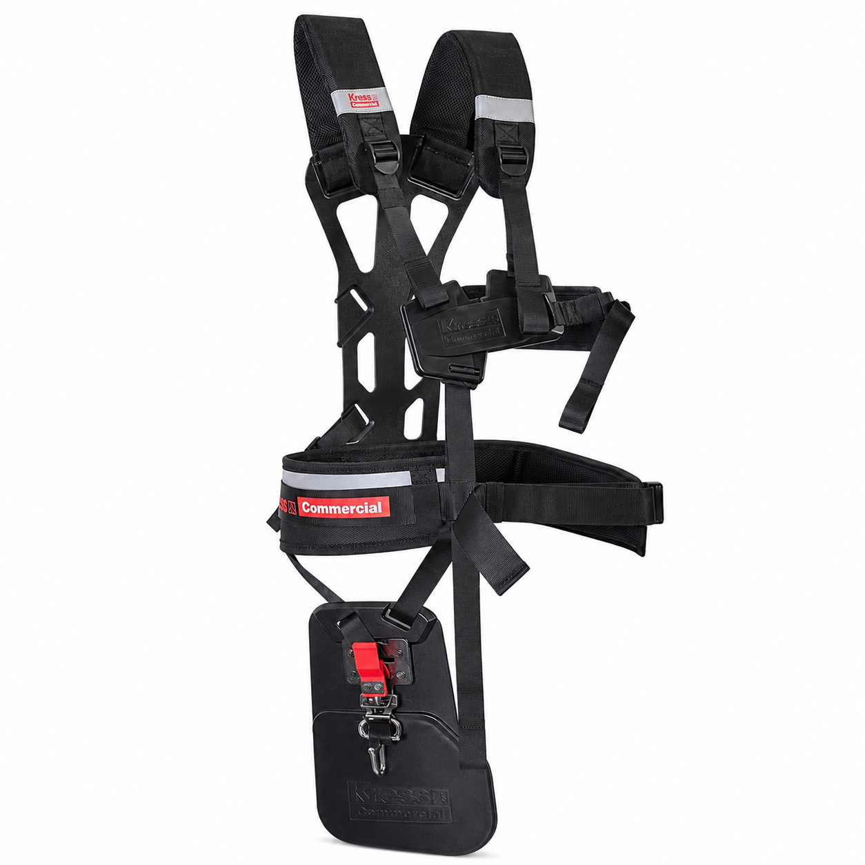 Black safety harness with multiple straps on a white background