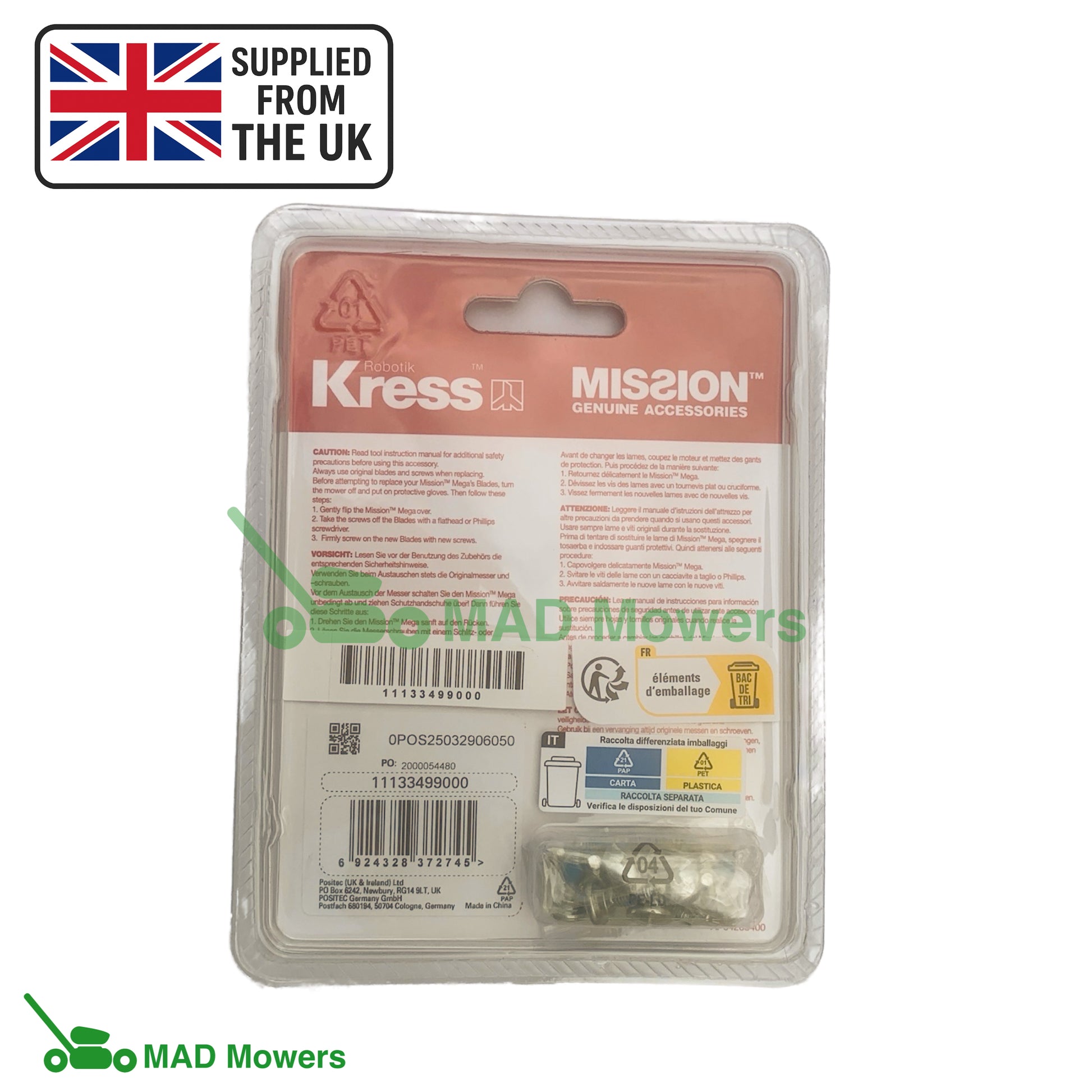 Kress Mission mower part packaging with branding and product details on a white background.
