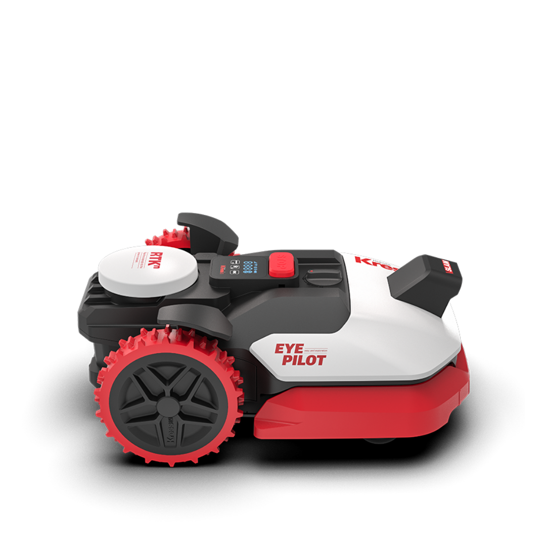 Robotic lawn mower with 'EYE PILOT' branding on a white background