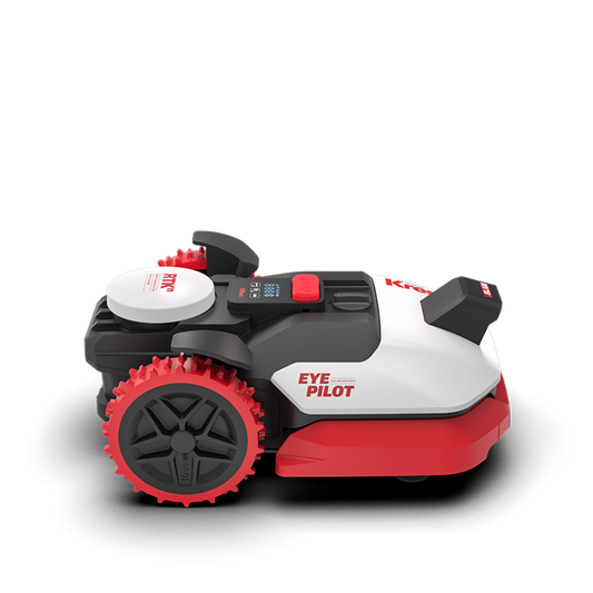 Robotic lawn mower with 'EYE PILOT' branding on a white background