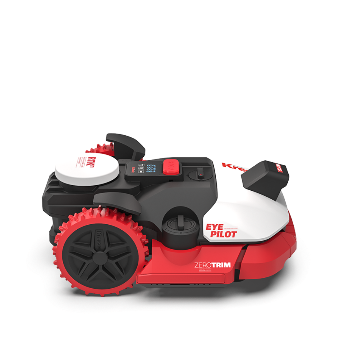 Red and black lawn mower on a white background