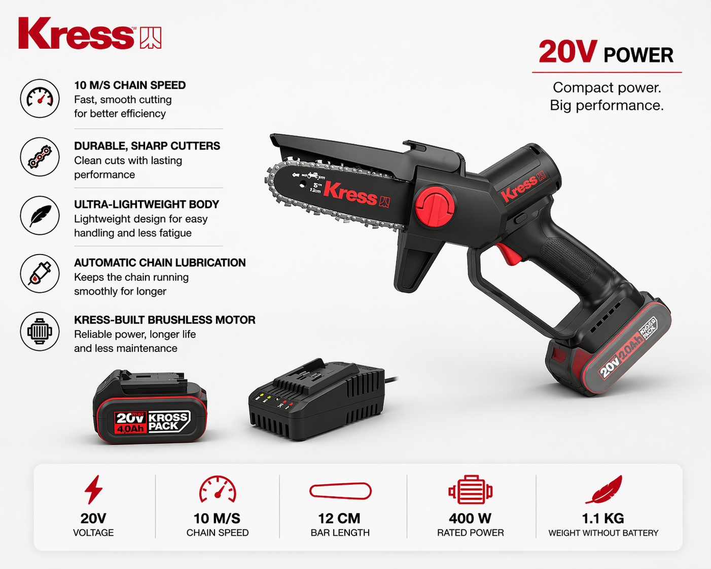 Kress 20V Cordless Pruning Chainsaw  KIT - Compact, Powerful & Easy to Use