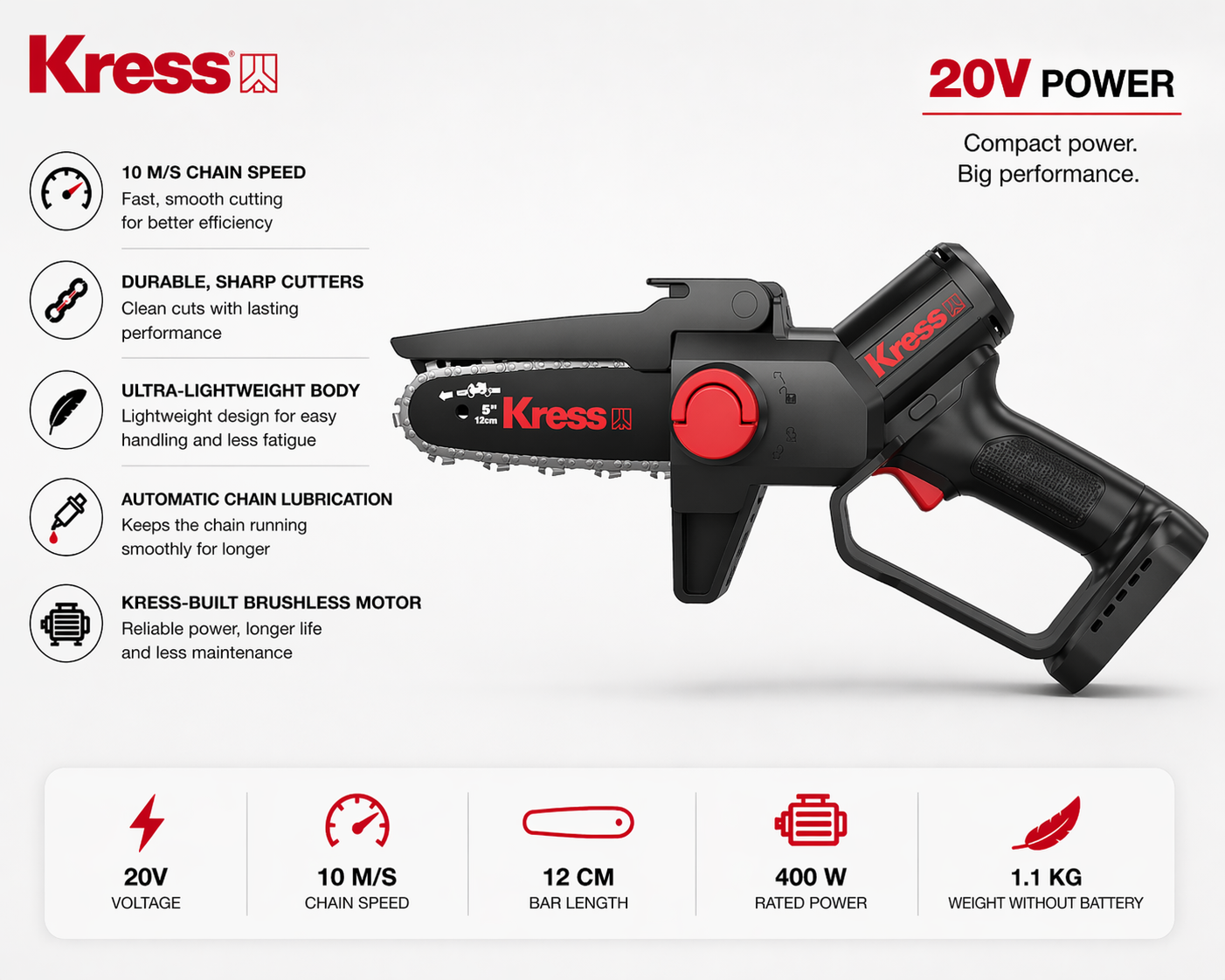 Kress 20V Cordless Pruning Chainsaw  KIT - Compact, Powerful & Easy to Use