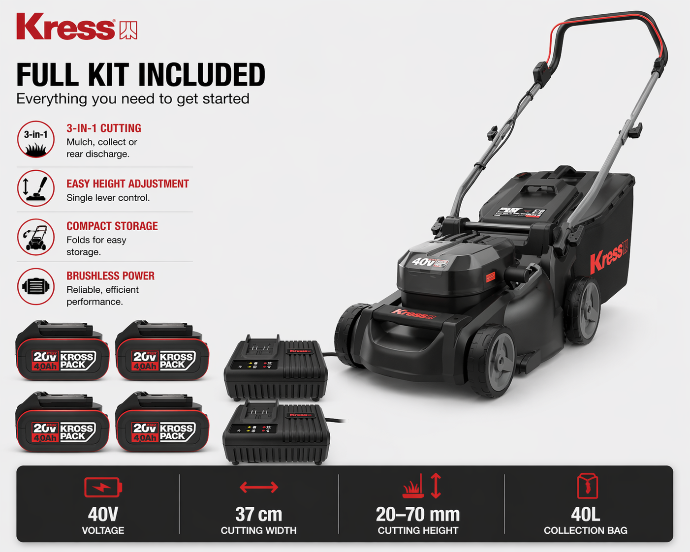 Kress 40V 37cm Lawn Mower – Perfect for Small to Medium Gardens