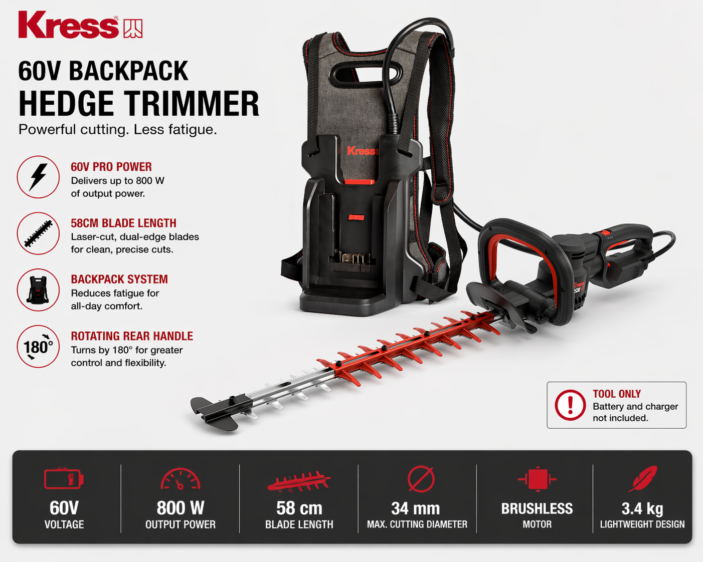 Kress 60V Backpack Hedge Trimmer – Trim More with Less Strain