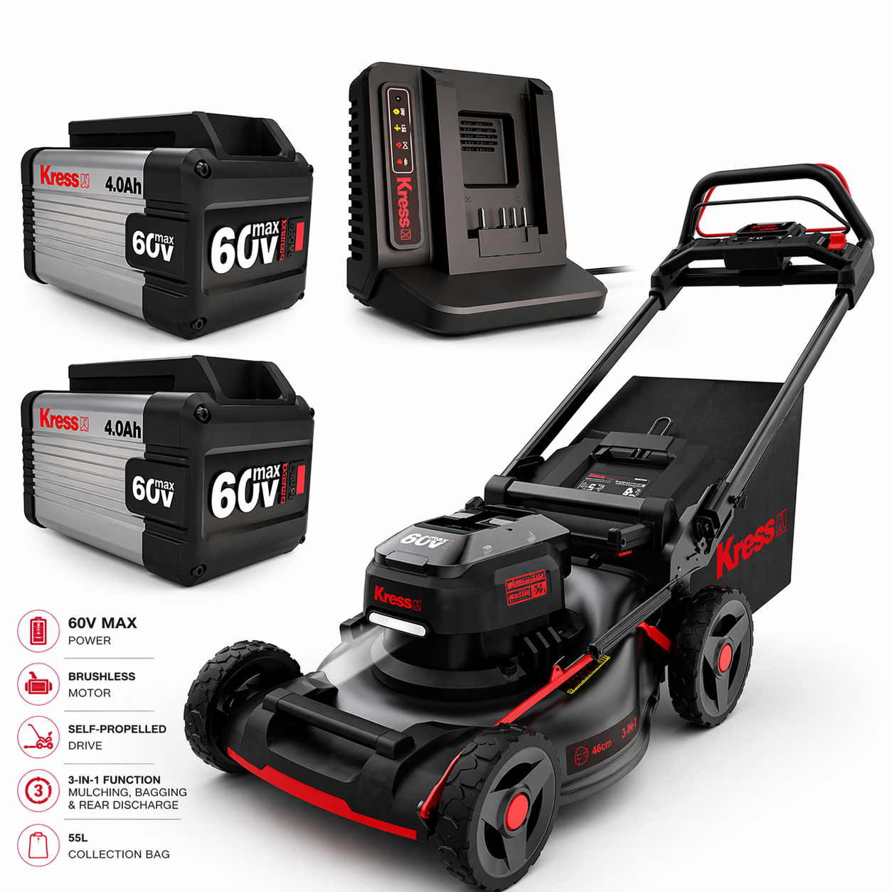 Kress 60V 46cm Self-Propelled Lawn Mower – Powerful, Effortless Cutting for Medium to Large Gardens