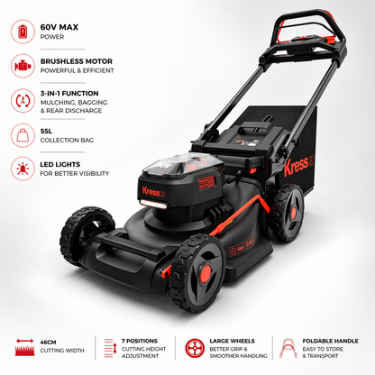 Kress 60V 46cm Self-Propelled Lawn Mower – Powerful, Effortless Cutting for Medium to Large Gardens