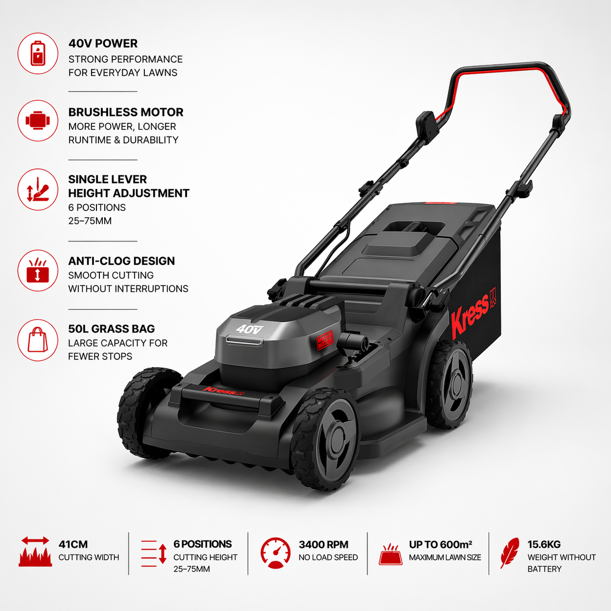 Kress 40V 41cm Brushless Lawn Mower – Smooth, Quiet, and Easy Cutting for Every Garden