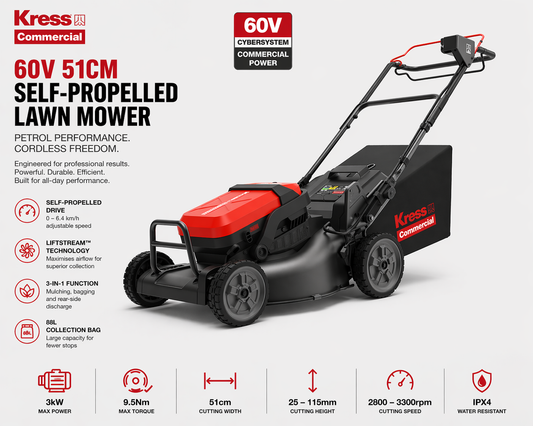 Kress 60V Commercial Lawn Mower – Effortless Cutting, Maximum Control (51cm)