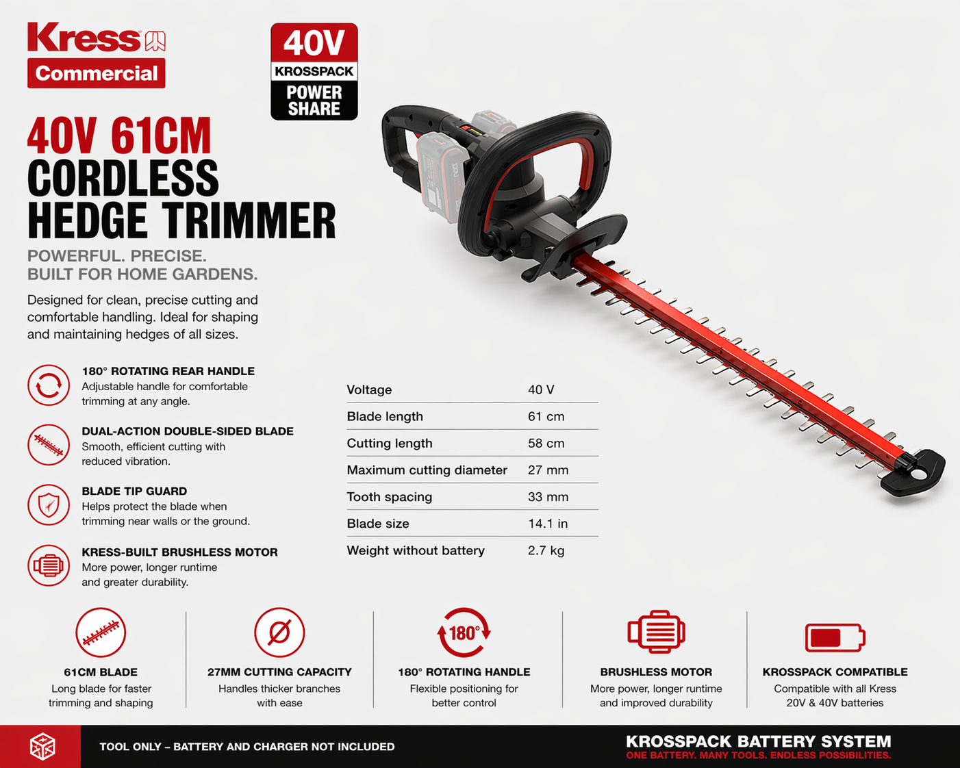 Kress 40V Hedge Trimmer – Powerful, Smooth Cutting Performance (61cm)