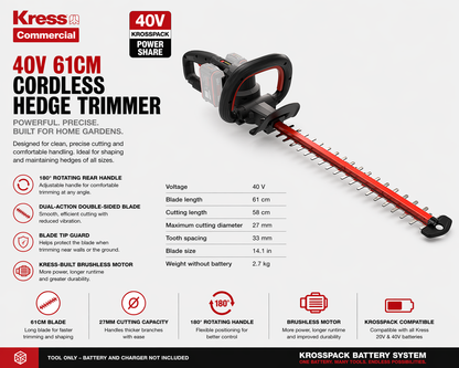 Kress 40V Hedge Trimmer – Powerful, Smooth Cutting Performance (61cm)