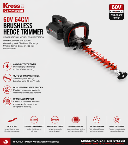 Kress 60V Brushless Hedge Trimmer – High Performance, Effortless Control (64cm)