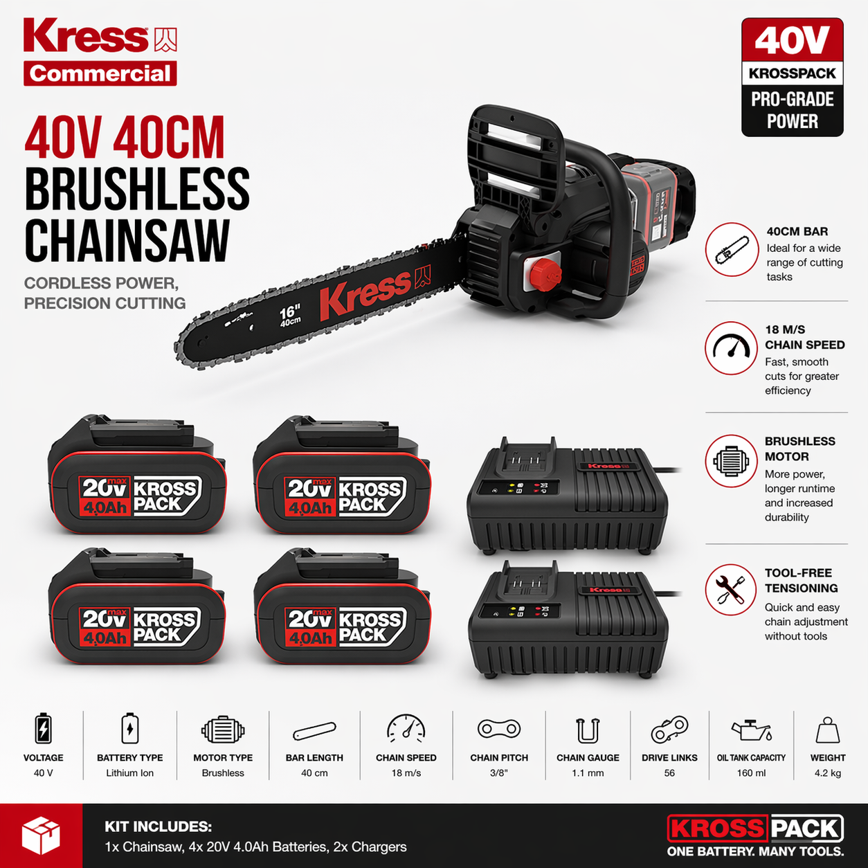 Kress 40V Cordless Chainsaw – Powerful Cutting with Less Effort (40cm)