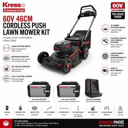 Kress 60V Push Lawn Mower – Powerful, Precise Cutting Performance (46cm)