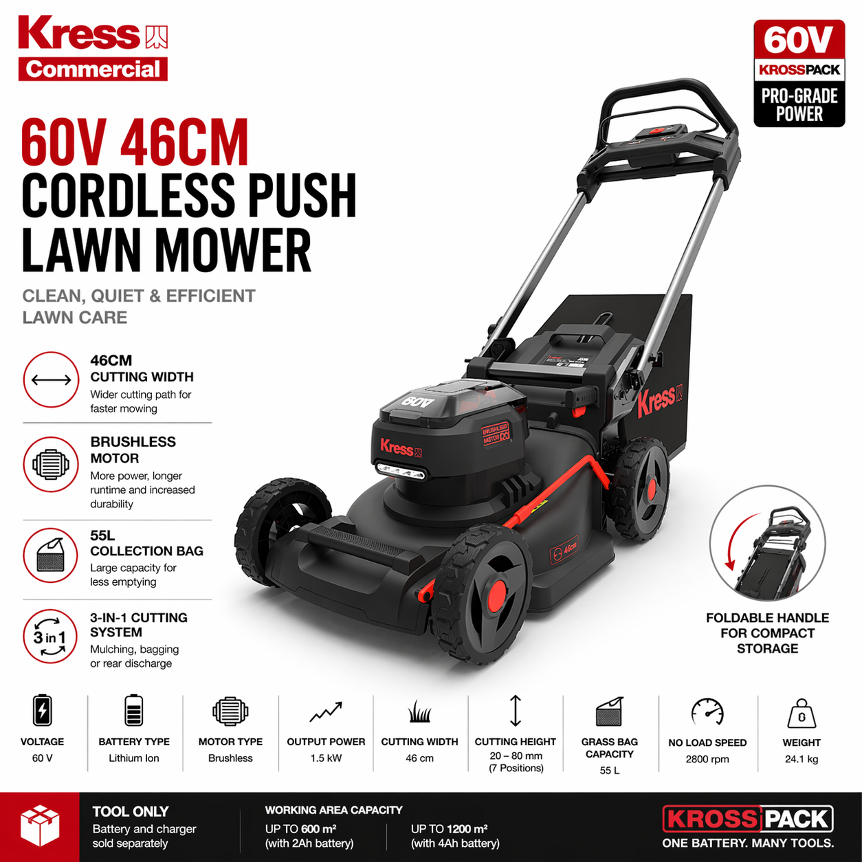 Kress 60V Push Lawn Mower – Powerful, Precise Cutting Performance (46cm)
