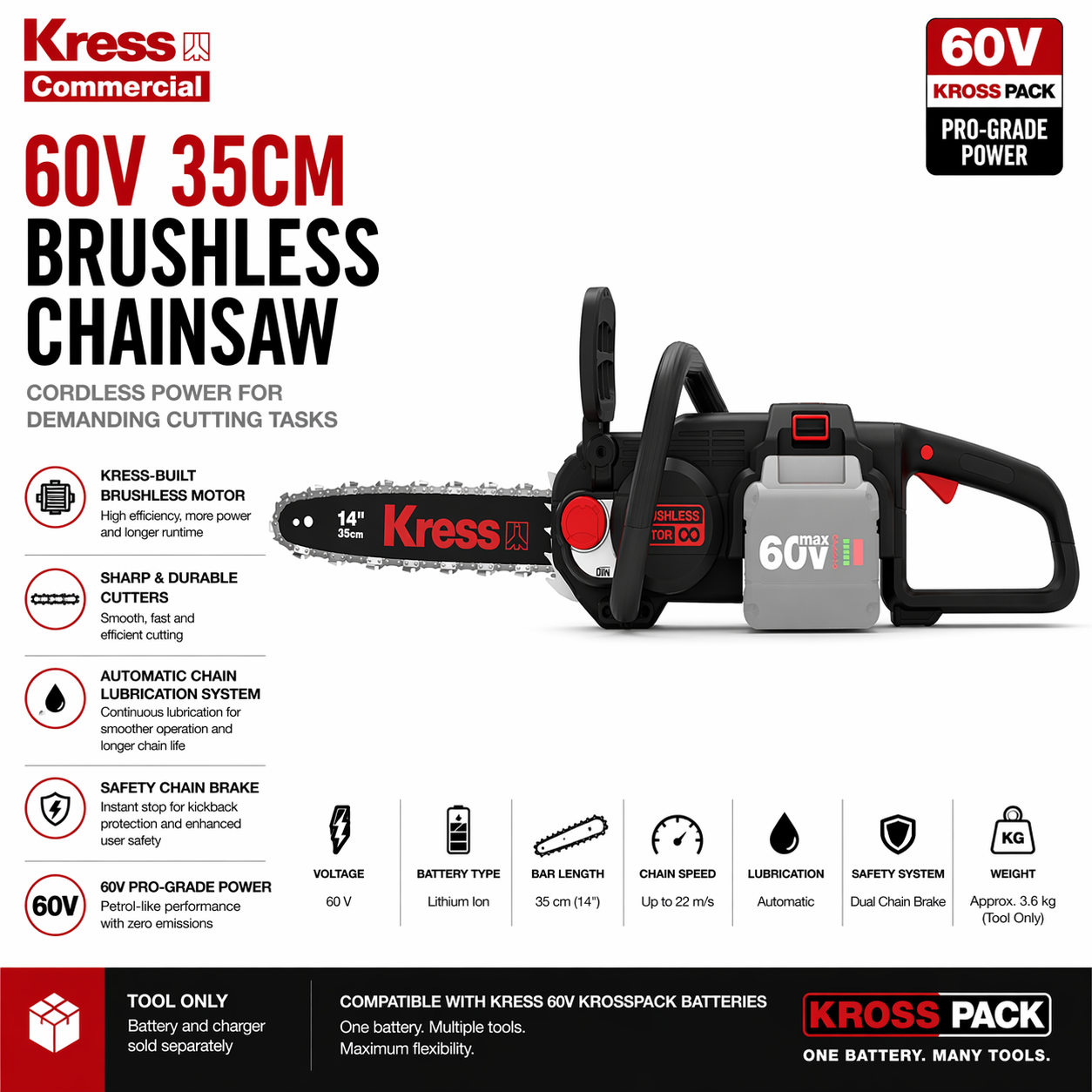 Kress 60V Brushless Chainsaw – Compact Power, Precision Cutting