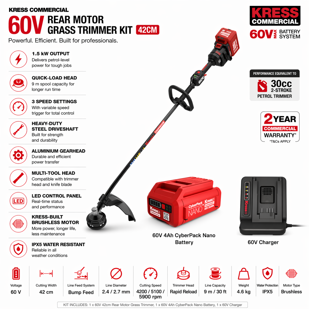 Kress 60V Rear Motor Grass Trimmer – Powerful, Balanced Cutting (42cm)