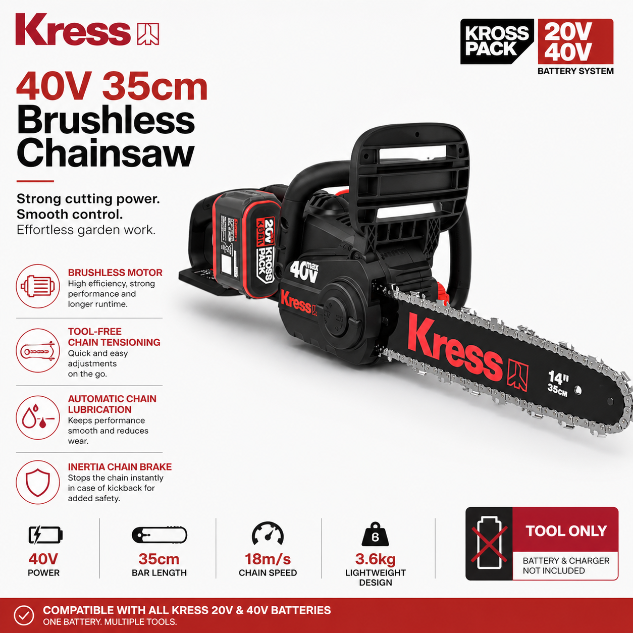 Kress 40V Cordless Chainsaw – Powerful, Smooth Cutting with Less Effort (35cm)