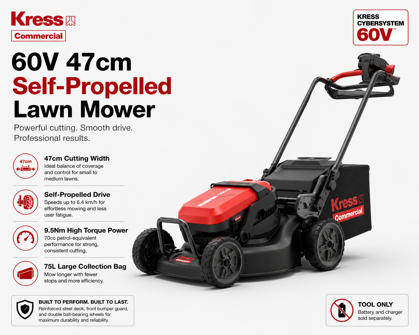 Kress Commercial 60V Self-Propelled Lawn Mower – 47cm Wide Cutting with Smooth Drive (Tool Only)