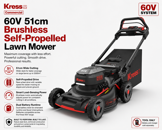 Kress 60V 51cm Brushless Self-Propelled Lawn Mower – Maximum Coverage with Less Effort
