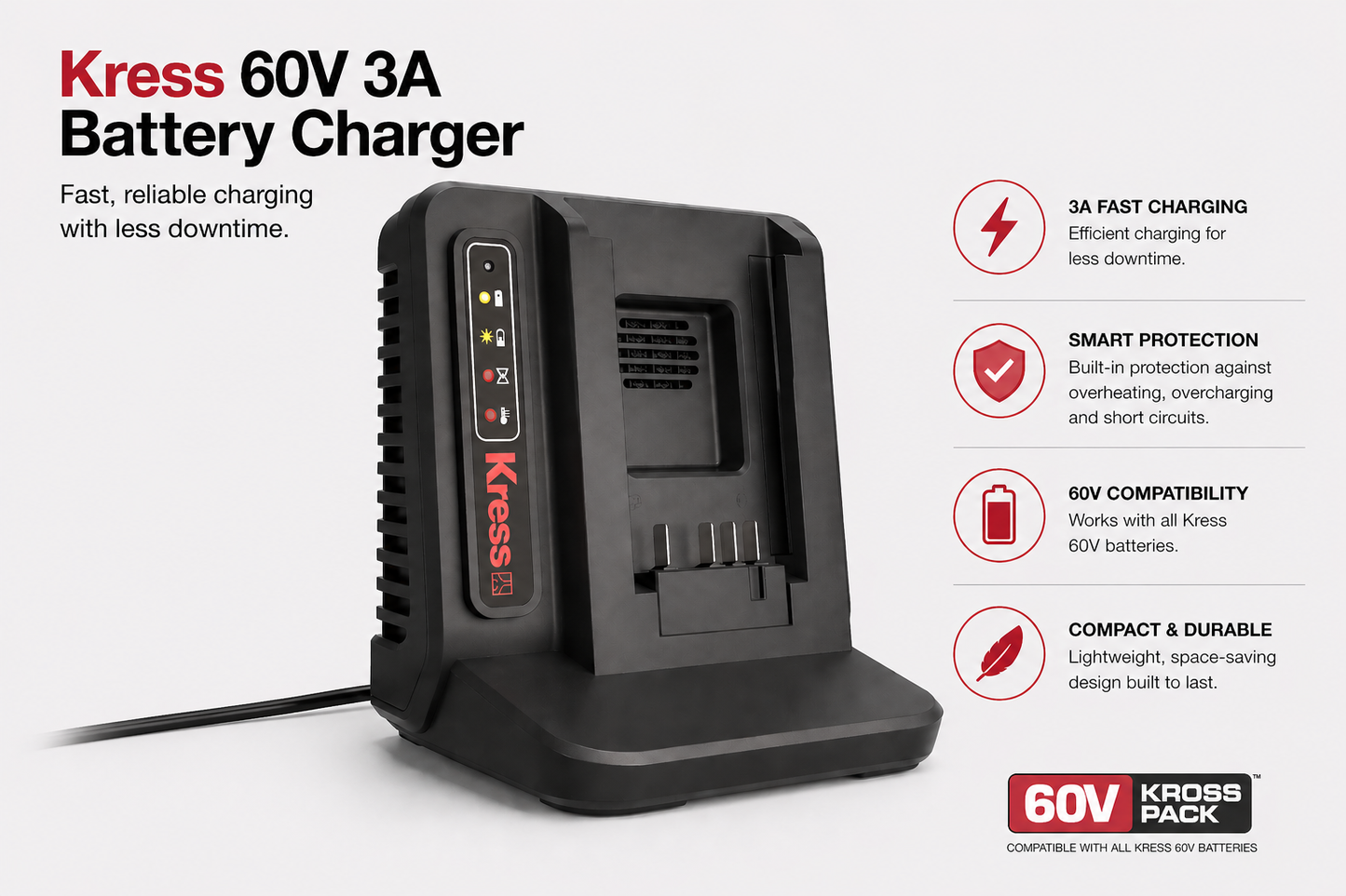 Kress 60V 3A Battery Charger – Fast Charging with Less Downtime
