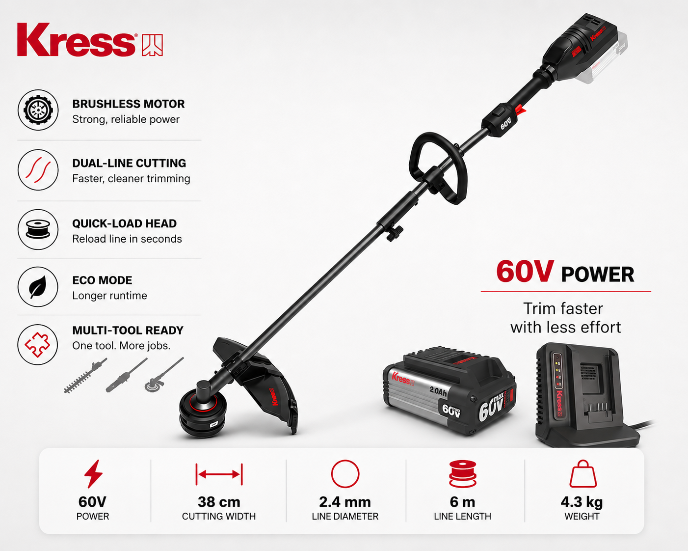 Kress 60V Cordless Multi-Tool Grass Trimmer – One Tool, More Possibilities