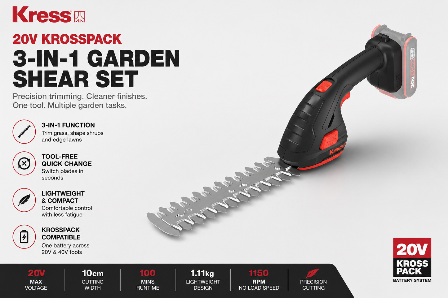 Kress 20V KrossPack 3-in-1 Cordless Grass & Shrub Shears Set – Precision Trimming with Total Control