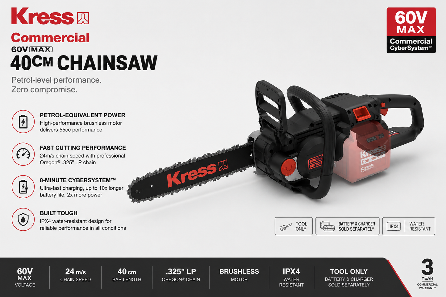Kress Commercial 60V 40cm Chainsaw – Petrol-Equivalent Power with Professional Control (Tool Only)