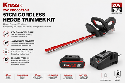 Kress 20V KrossPack 57cm Cordless Hedge Trimmer – Clean Cutting with Lightweight Control