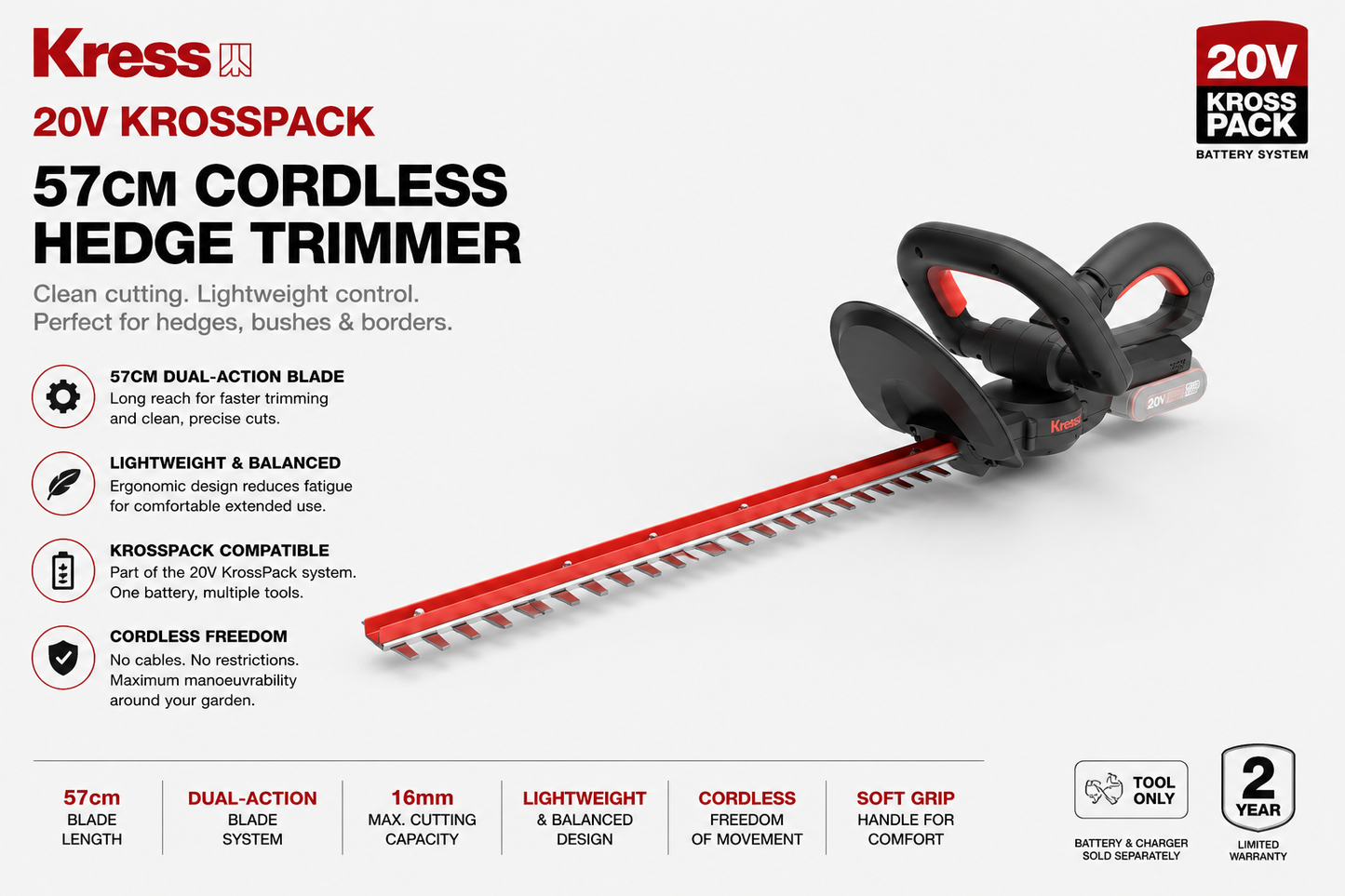 Kress 20V KrossPack 57cm Cordless Hedge Trimmer – Clean Cutting with Lightweight Control