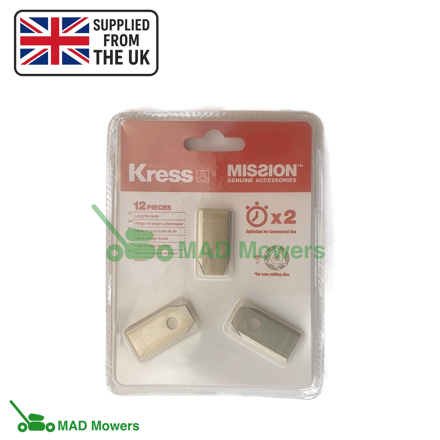 Kress Mission genuine accessories packaging with three metal blades on a white background.