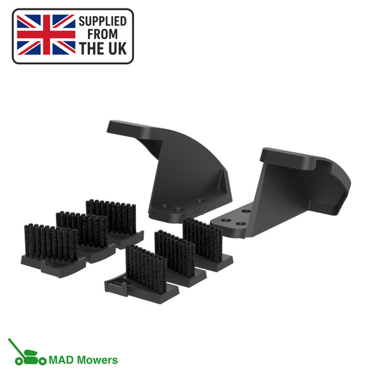 Black lawn mower parts, robot mower wheel brushes, with 'Supplied from the UK' and 'MAD Mowers' branding on a white background.
