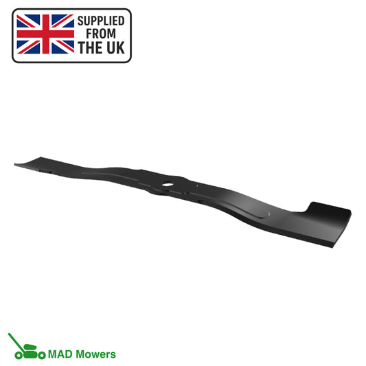 Black lawn mower blade with 'Supplied from the UK' sign and MAD Mowers logo on a white background