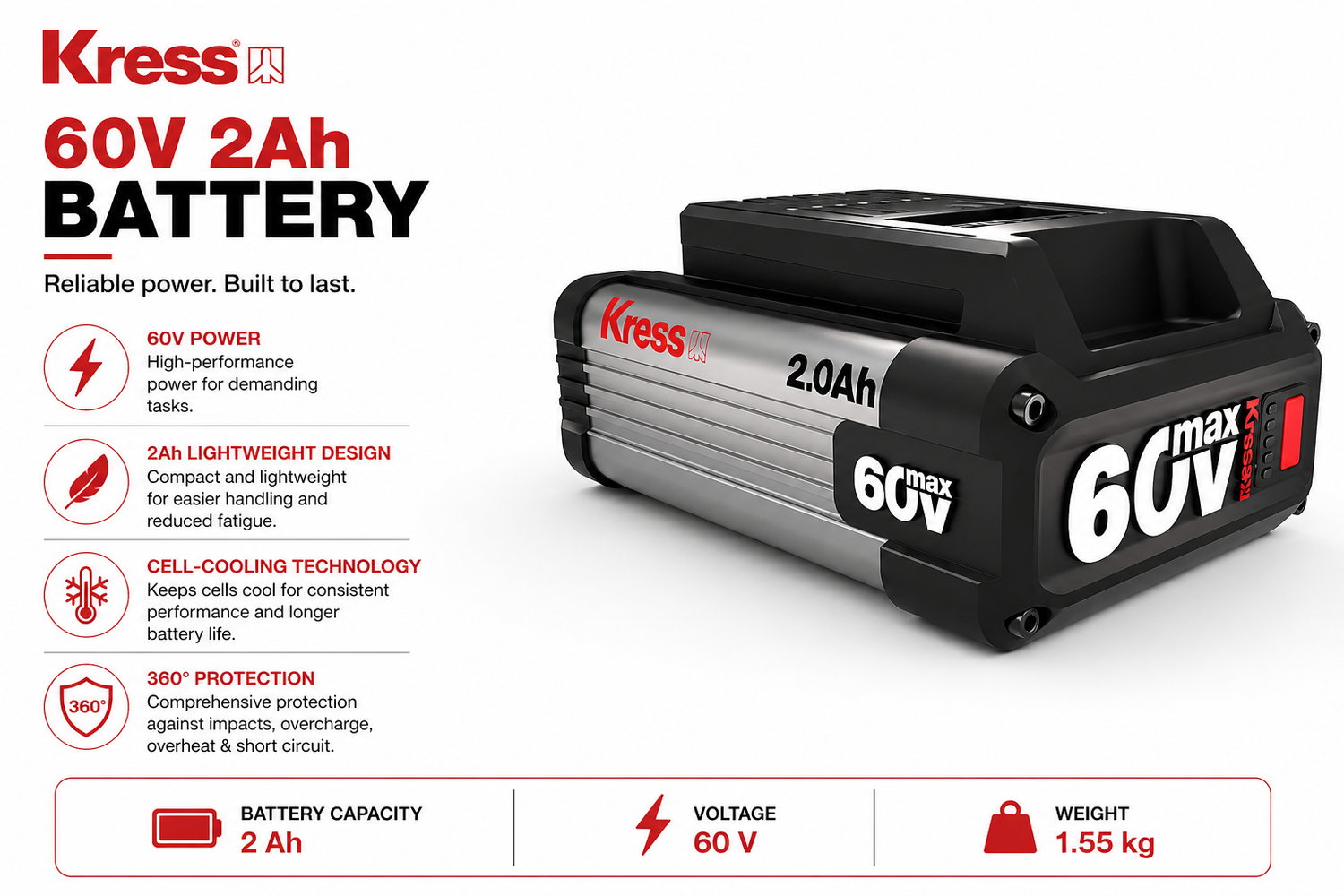 Kress 60V 2Ah battery on a white background with features listed.