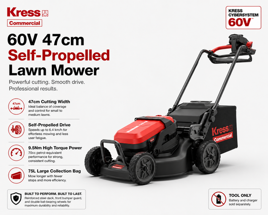 Kress 60V 47cm self-propelled lawn mower on a white background with product details.