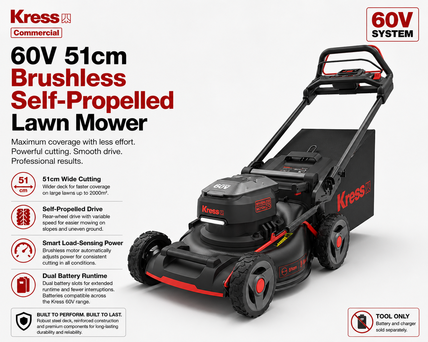 Kress 60V 51cm Brushless Self-Propelled Lawn Mower on a white background with text highlighting features.