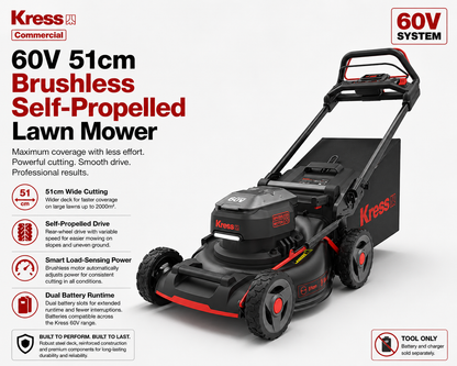 Kress 60V 51cm Brushless Self-Propelled Lawn Mower on a white background with text highlighting features.