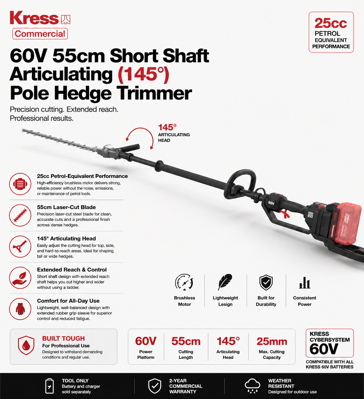 Kress 60V 55cm Short Shaft Articulating Pole Hedge Trimmer with specifications on a white background
