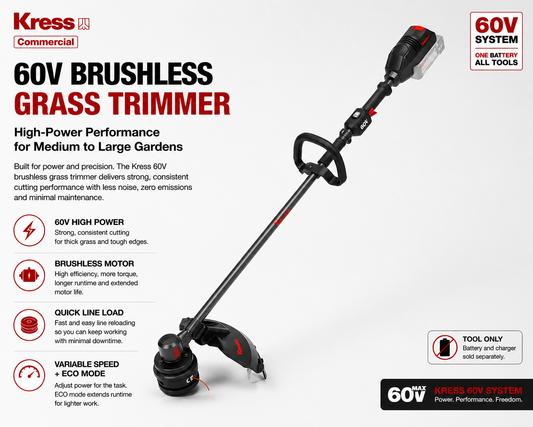 Kress 60V brushless grass trimmer on a white background with text highlighting features.