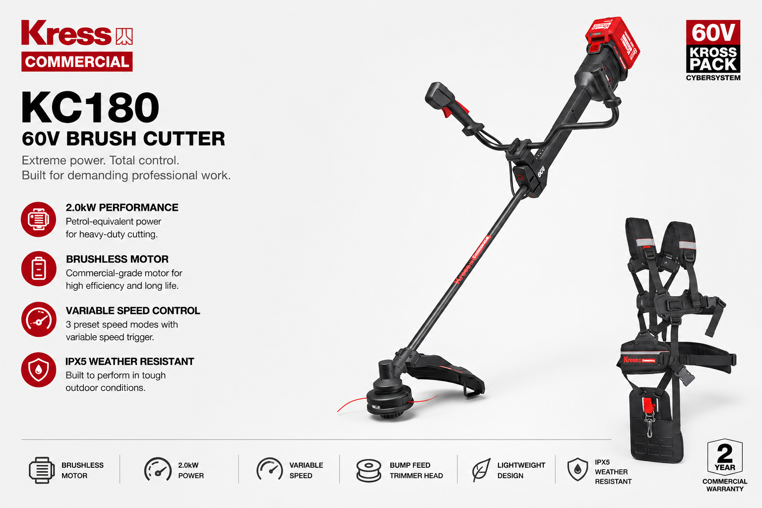 Kress KC180 brush cutter with features listed on a white background