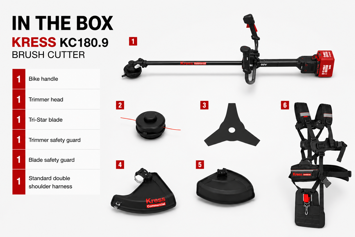 Kress KC180.9 brush cutter components displayed with text indicating parts included.