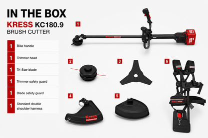 Kress KC180.9 brush cutter components displayed with text indicating parts included.