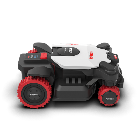 Robotic lawn mower with red wheels on a white background