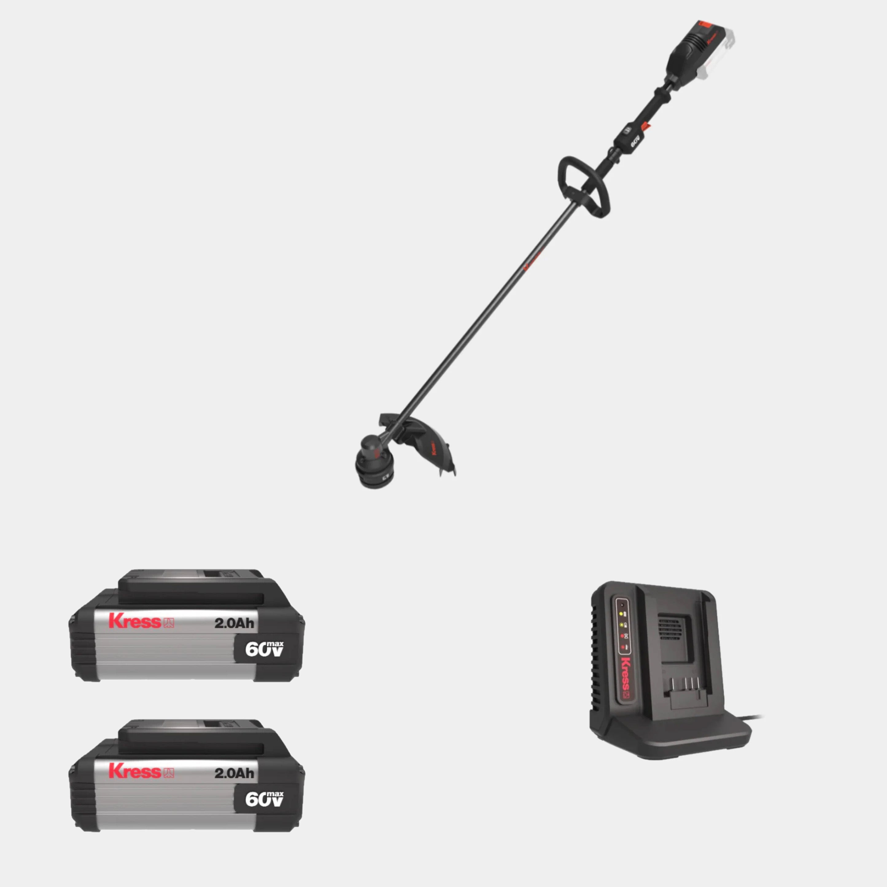 Kress KG160E.9 60 V cordless grass trimmer with a 38 cm cutting width and ergonomic handle.  Quick line load spool head of the Kress 60 V grass trimmer for fast and easy line replacement. Kress KG160E.9 brushless grass trimmer showing its balanced design and multi-position handle for comfort. Kress 60 V grass trimmer compatible with the Kress 60 V battery system for cordless convenience.  Kress KG160E.9 grass trimmer cutting through thick grass, delivering petrol-like power without emissions.