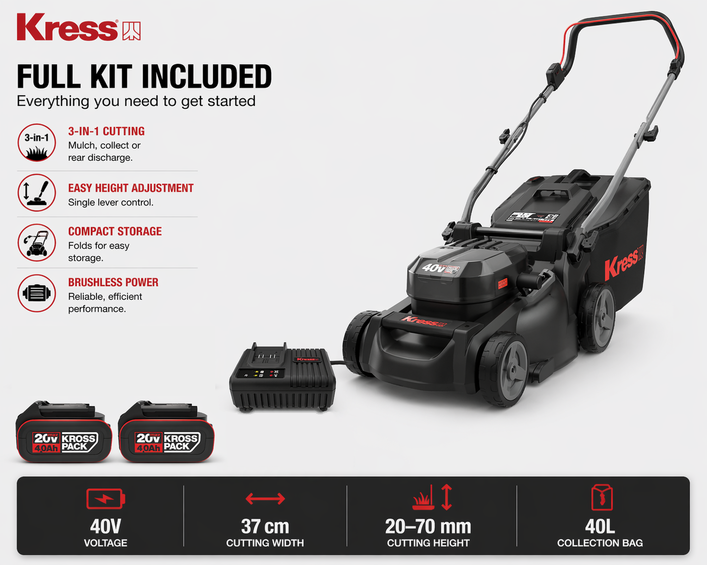 Kress 40V 37cm Lawn Mower – Perfect for Small to Medium Gardens