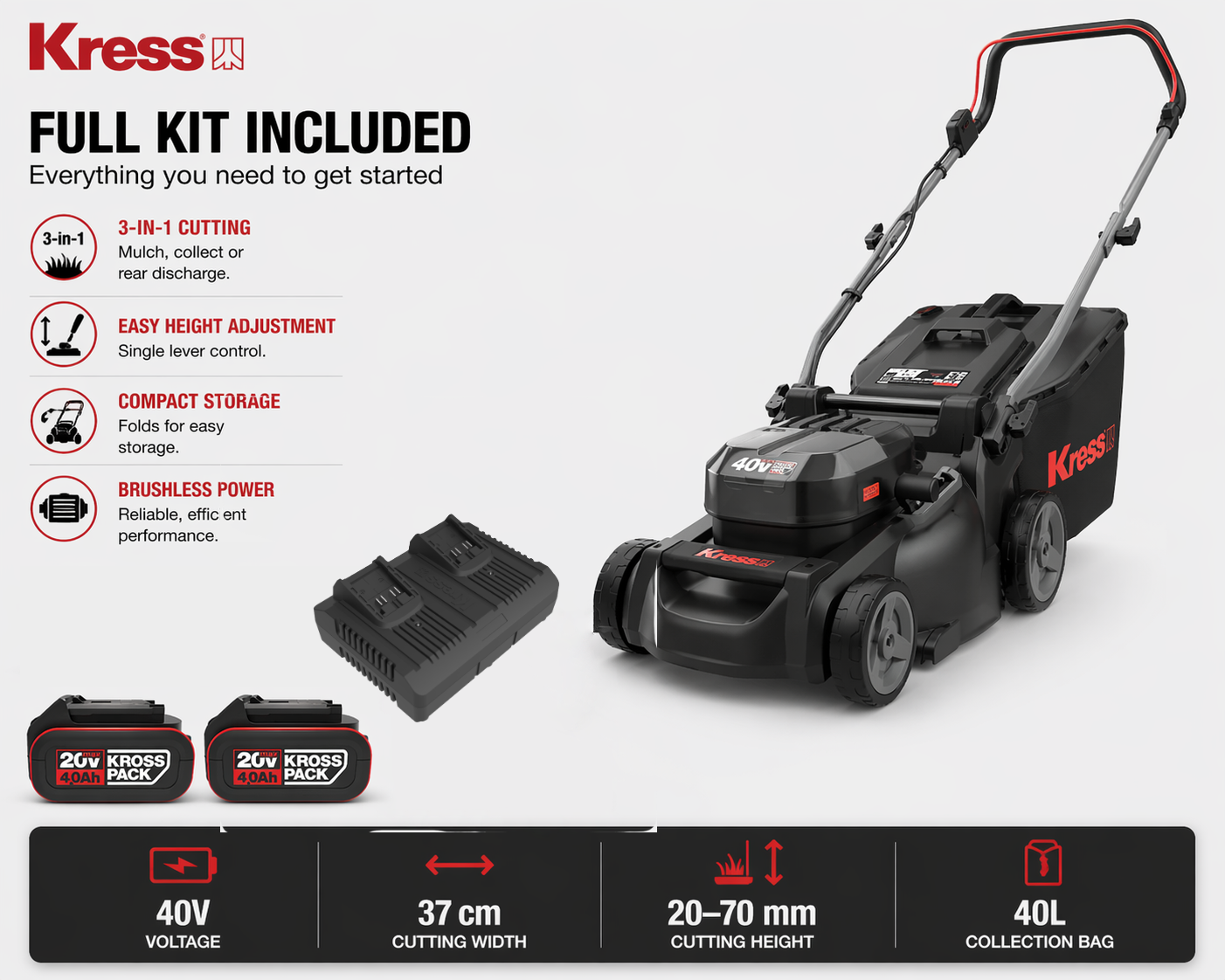 Kress 40V 37cm Lawn Mower – Perfect for Small to Medium Gardens
