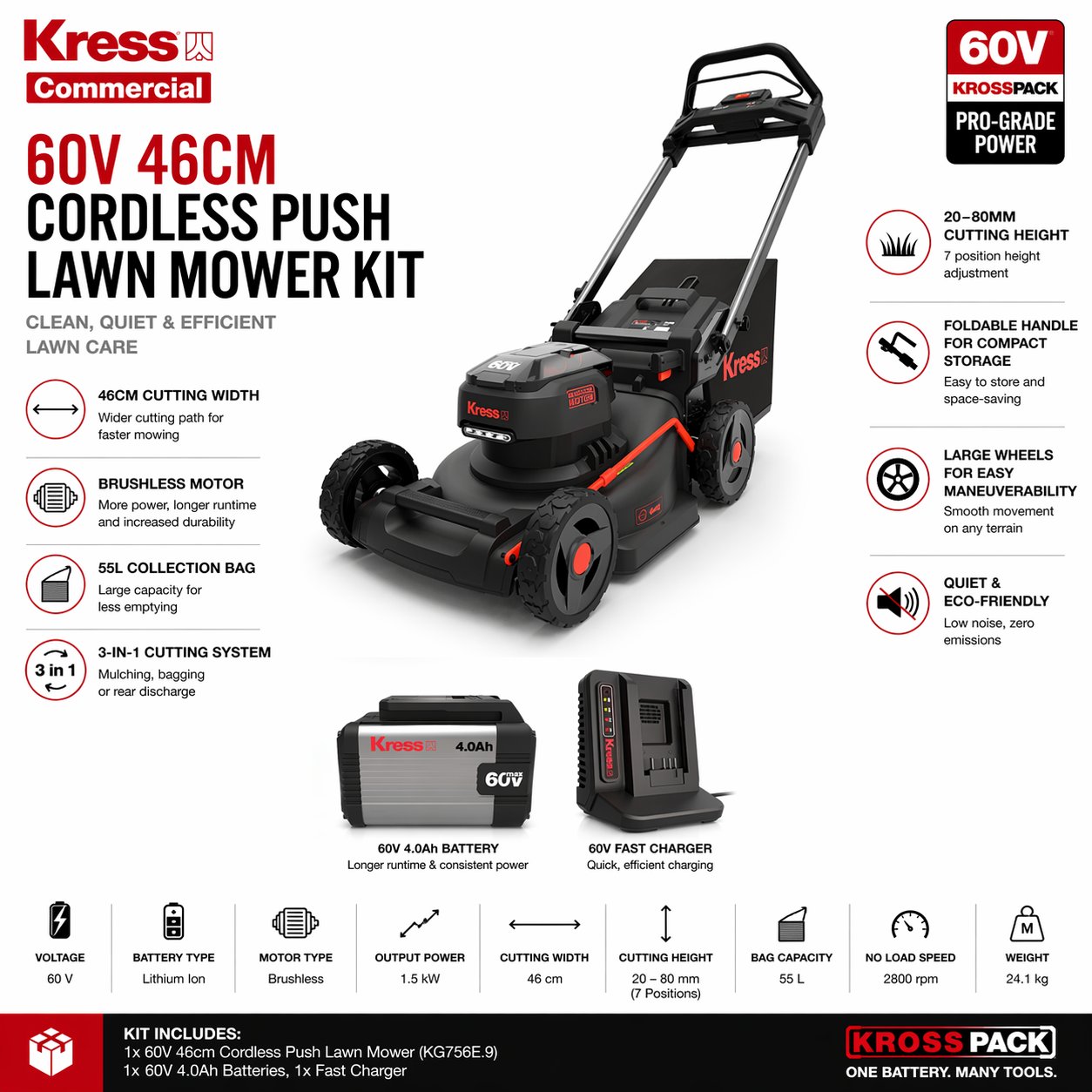 Kress 60V Push Lawn Mower – Powerful, Precise Cutting Performance (46cm)