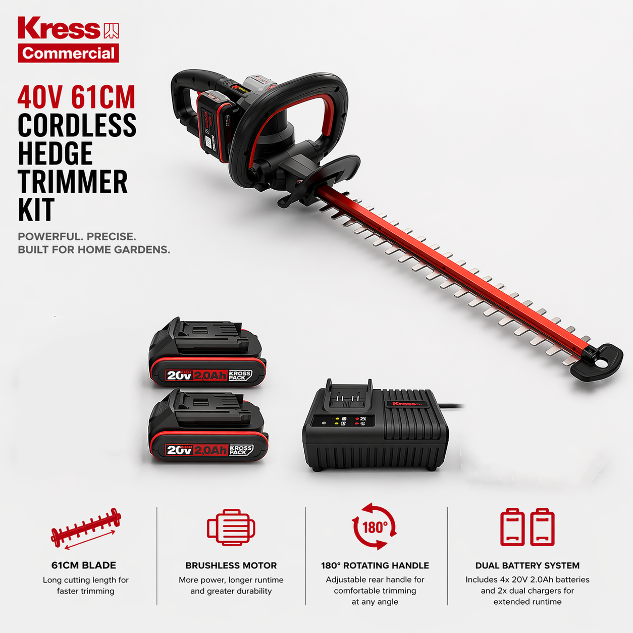 Kress 40V Hedge Trimmer – Powerful, Smooth Cutting Performance (61cm)