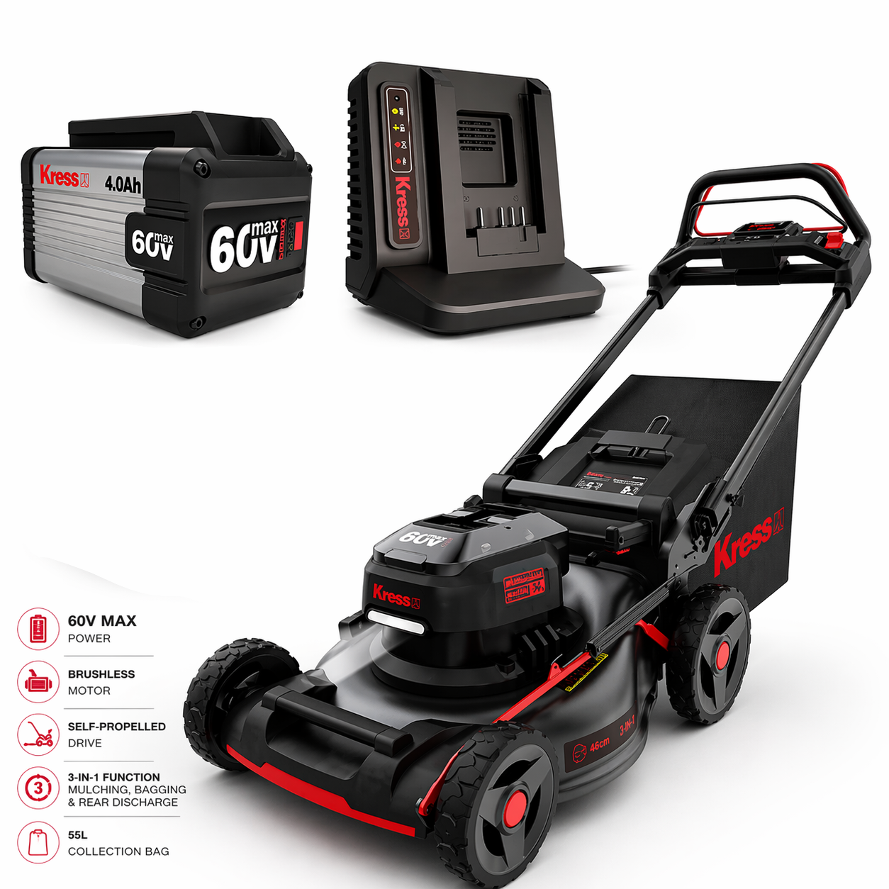 Kress 60V 46cm Self-Propelled Lawn Mower – Powerful, Effortless Cutting for Medium to Large Gardens
