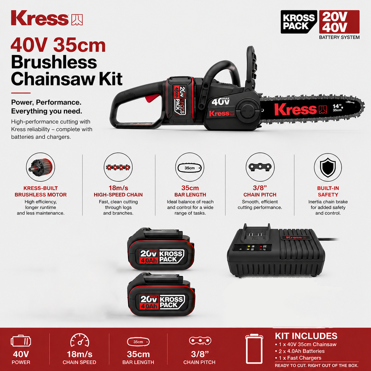 Kress 40V Cordless Chainsaw – Powerful, Smooth Cutting with Less Effort (35cm)